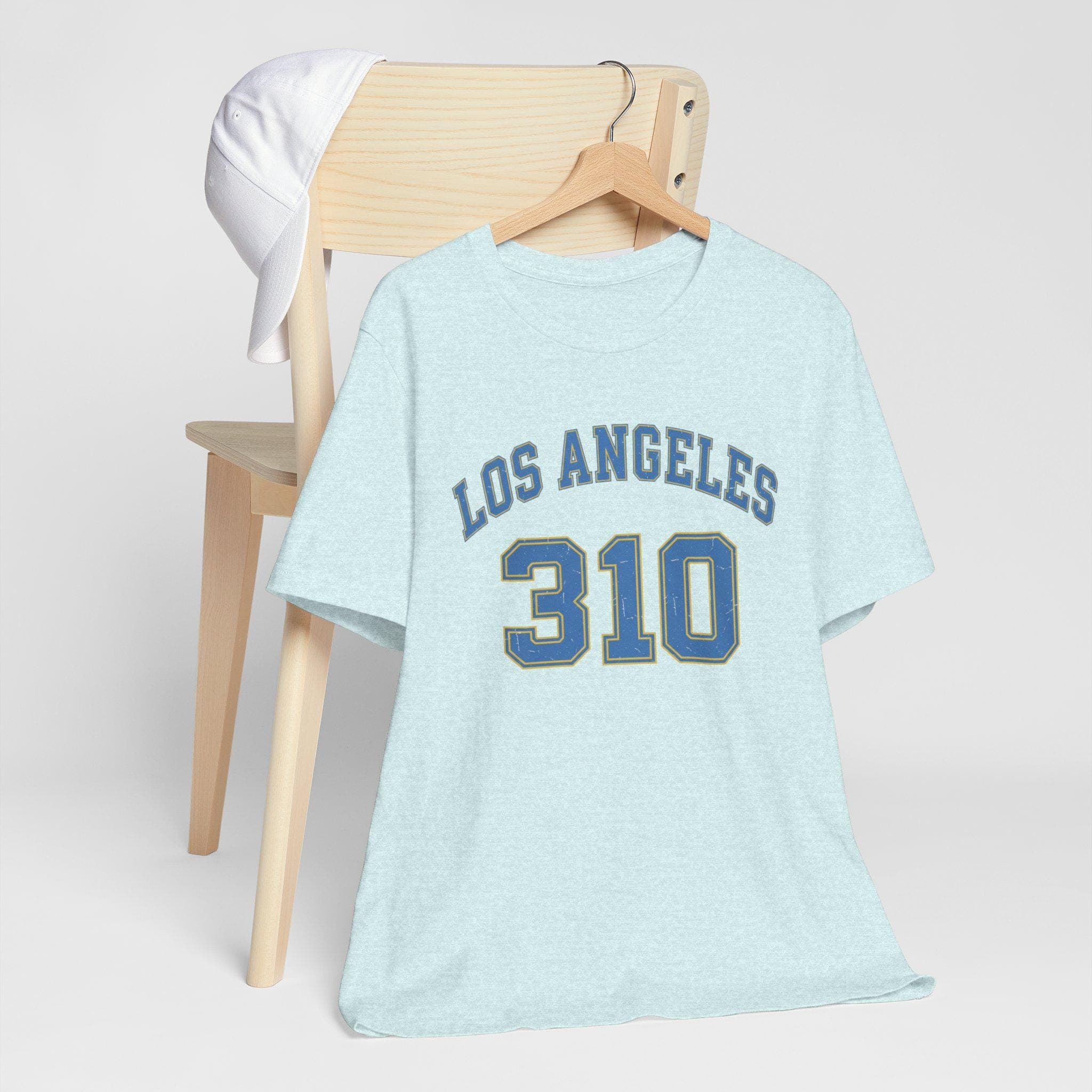 310 Shirt | Los Angeles Vintage College Tee | Retro 1970s Collegiate Westside LA Area Code Powder Blue Gold Gift