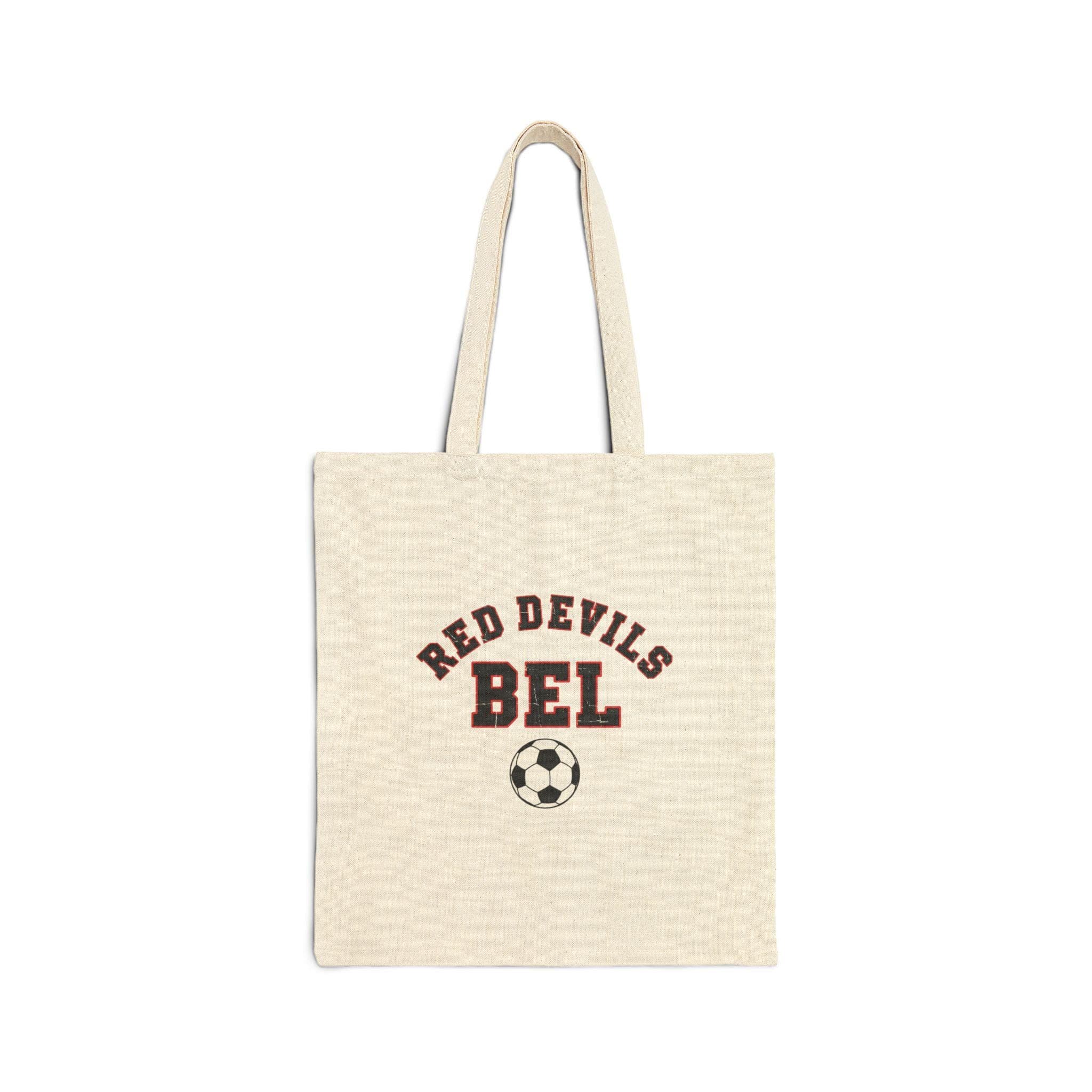 Belgium Soccer Tote Bag | Red Devils Vintage College Tote | Retro 1970s Collegiate BEL World Cup Black Red Canvas Fan Gift