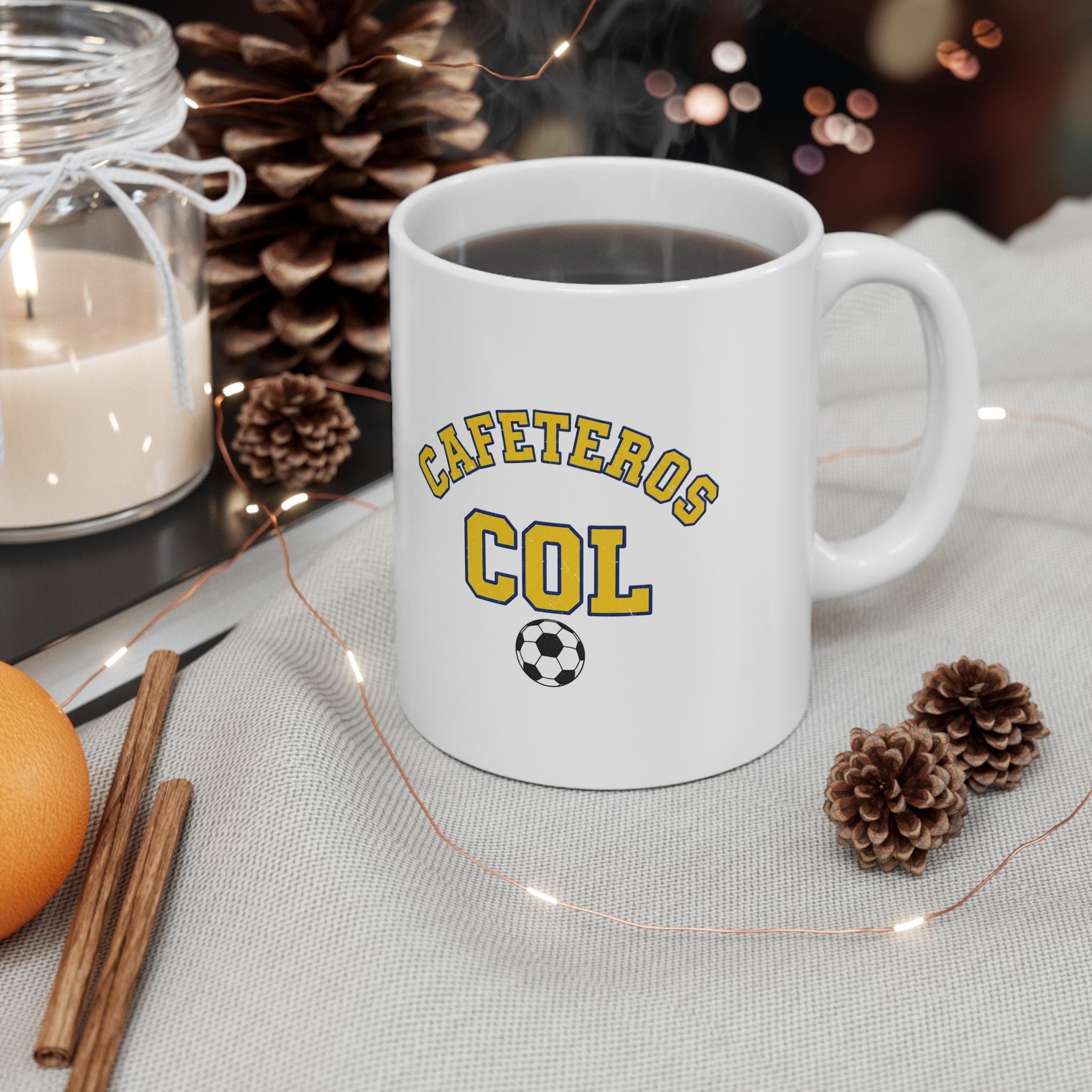 Colombia Soccer Mug | Cafeteros Vintage College Mug | Retro 1970s Collegiate COL World Cup Yellow Blue Ceramic Fan Gift